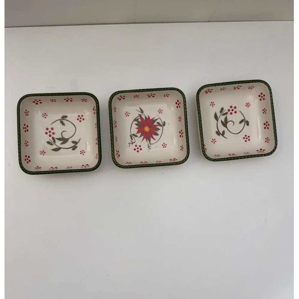 Temptations Old World Christmas Poinsettia Square Ramekin Dipping Bowl Set